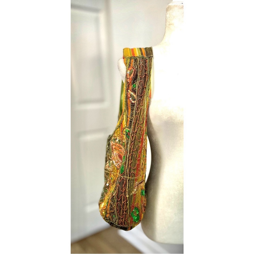 🎁 Boho Sequin Beaded Paisley Hobo Bag Olive Gold Burnt Orange Purse New - Picture 15 of 16